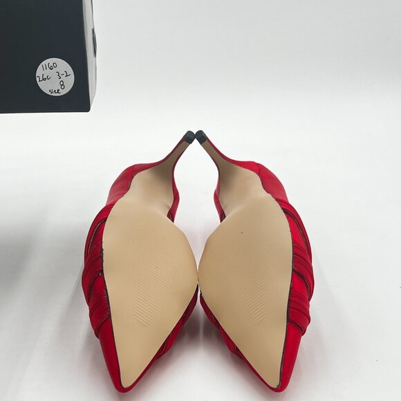 FSJ Red Women Low Kitten Heels Pointed Toe Slip on Pumps D'Orsay Pleated Satin - Picture 5 of 5